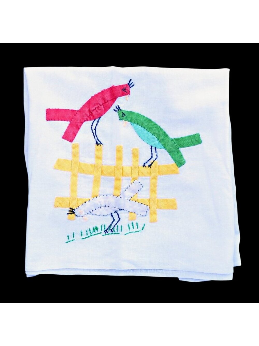 Vintage Bias Tape Bird Tea Towel, Handmade, 1940s Home Crafts, Fence Scene
